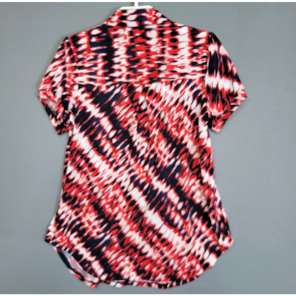 New Directions Top Womens Petites PM Red Black White Abstract Soft 1/4 Button - Picture 8 of 10